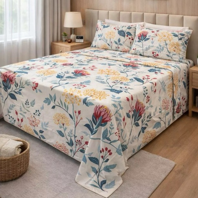 Kit Lençol 4 peças Cama Casal/Queen Estampado/Liso C/Elástico Micropercal 500 Fios Toque de Algodão em Oferta na Shopee