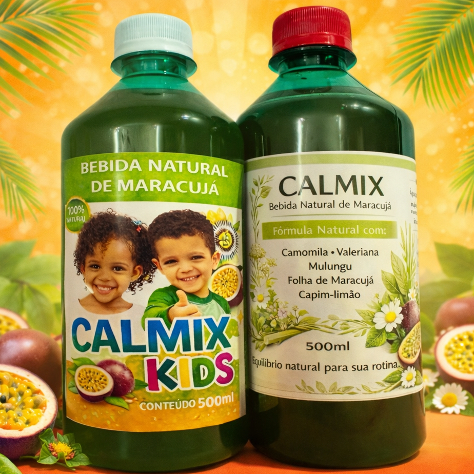 Kit Calmix Bebida Natural de Maracujá 500ml + Calmix Kids 500ml |  Natural com Camomila, Capim-Limão