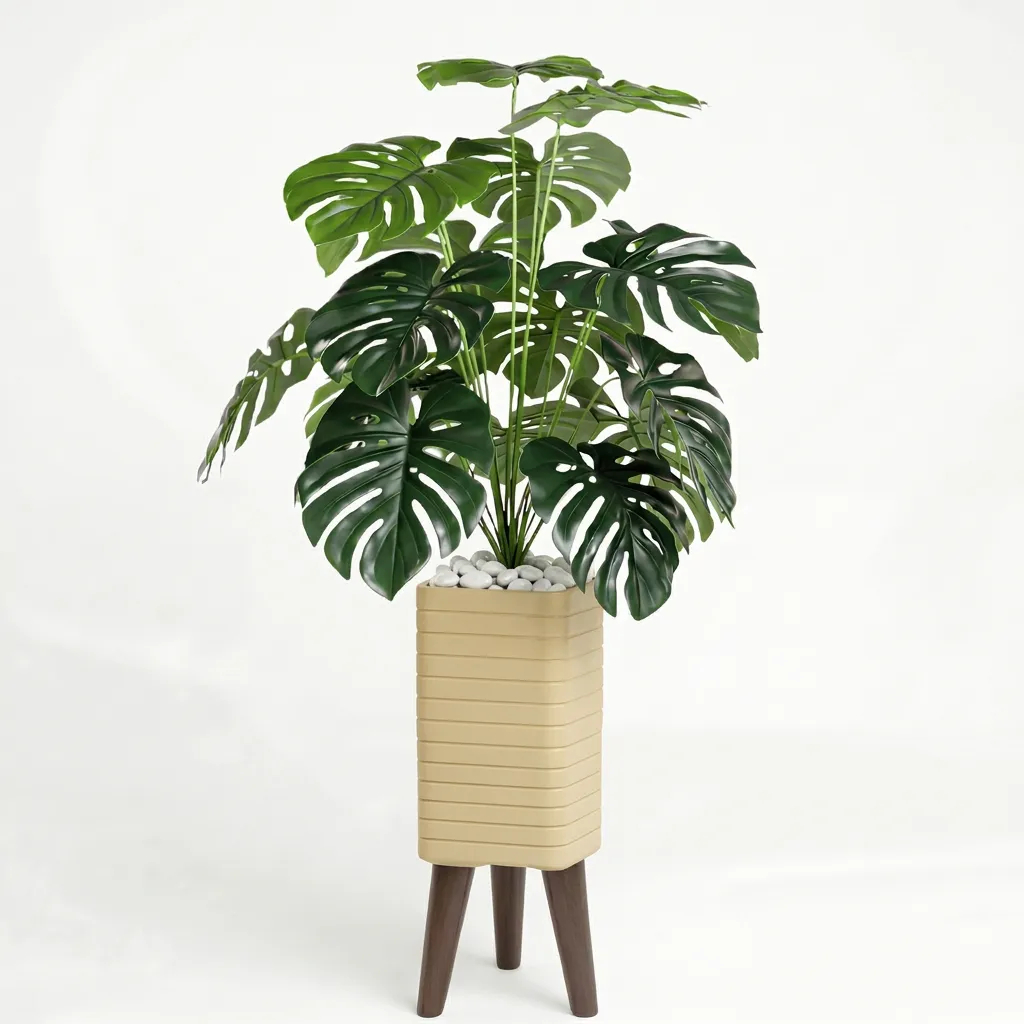 Kit Decorativo Completo Planta Monstera 18 Folhagem Artificial + Vaso Tripé Bege Enfeite Casa Sala