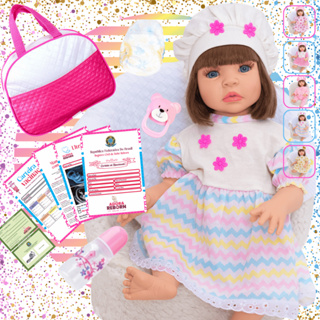 Boneca Reborn Bebê Realista em Silicone com Vestido Listrado Bolsa Maternidade em Oferta na Shopee
