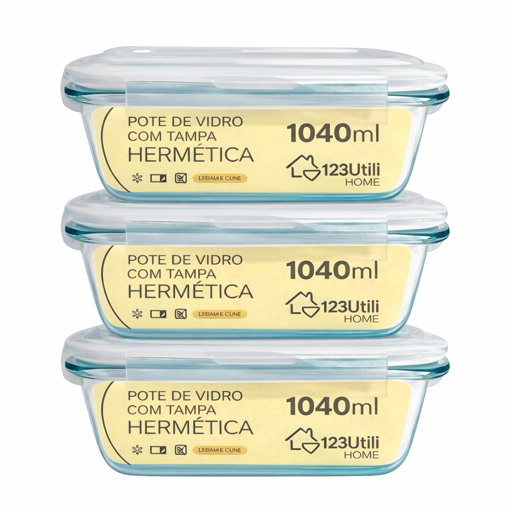Kit 3 Potes Vidro Hermético 1040ml com Tampa Armazenamento Alimentos Marmita