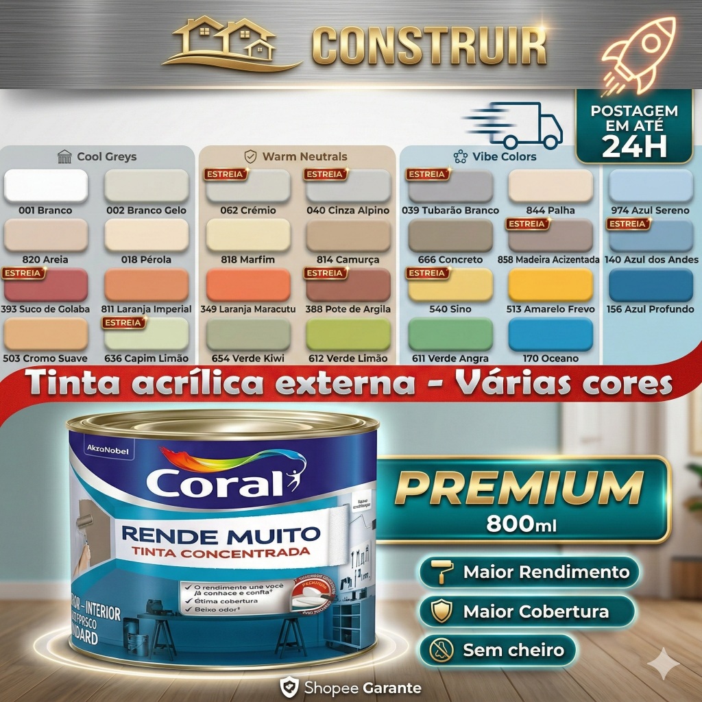Tinta Coral Rende Muito 800ml + Rolo de lã 9cm | Lavável Interior e Exterior - Alta Cobertura em Oferta na Shopee