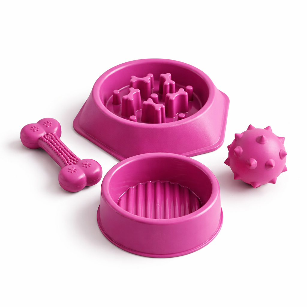 KIT COM COMEDOURO LENTO/INTERATIVO + BEBEDOURO + BRINQUEDOS/OSSO/BOLINHA PARA CÃO/CÃES/CACHORRO
