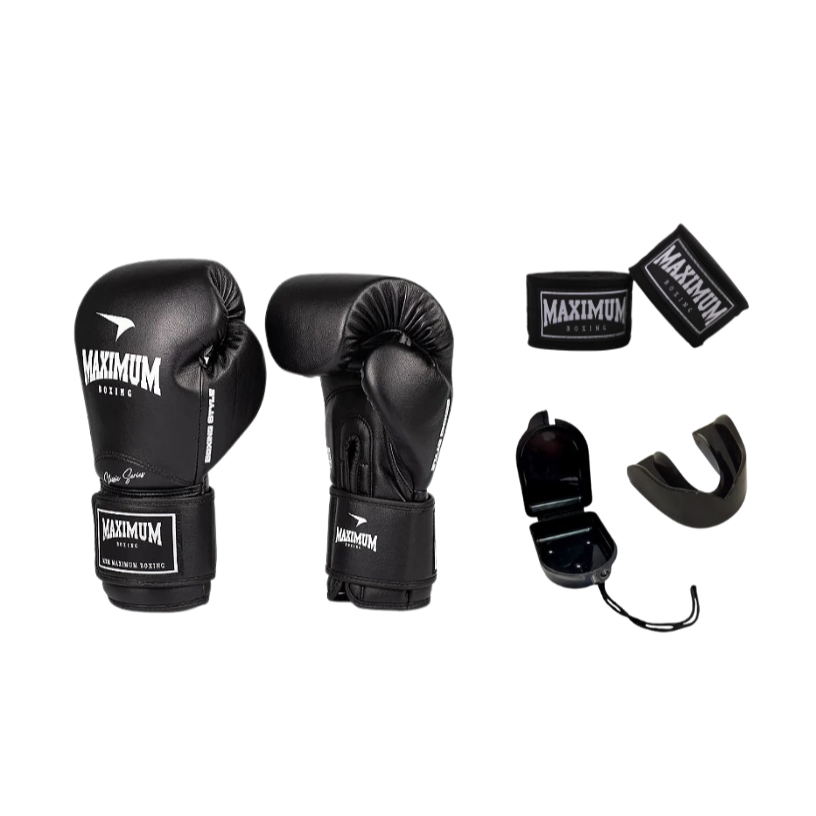 Kit Luva Preta Maximum + Bandagem Preta 3m+ bucal com estojo – Proteção e Performance no Boxe e Muay Thai