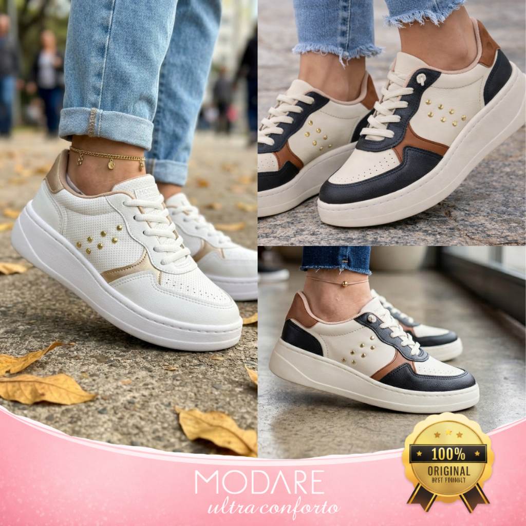 Tênis Modare Feminino Ultraconforto Macio Detalhes Dourado Flatform Ortopédico Cano Médio Original