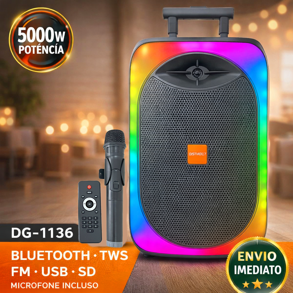 Caixa De Som 5000W 12" Potente + Microfone Sem Fio - Som Profissional / Bateria Longa Duração