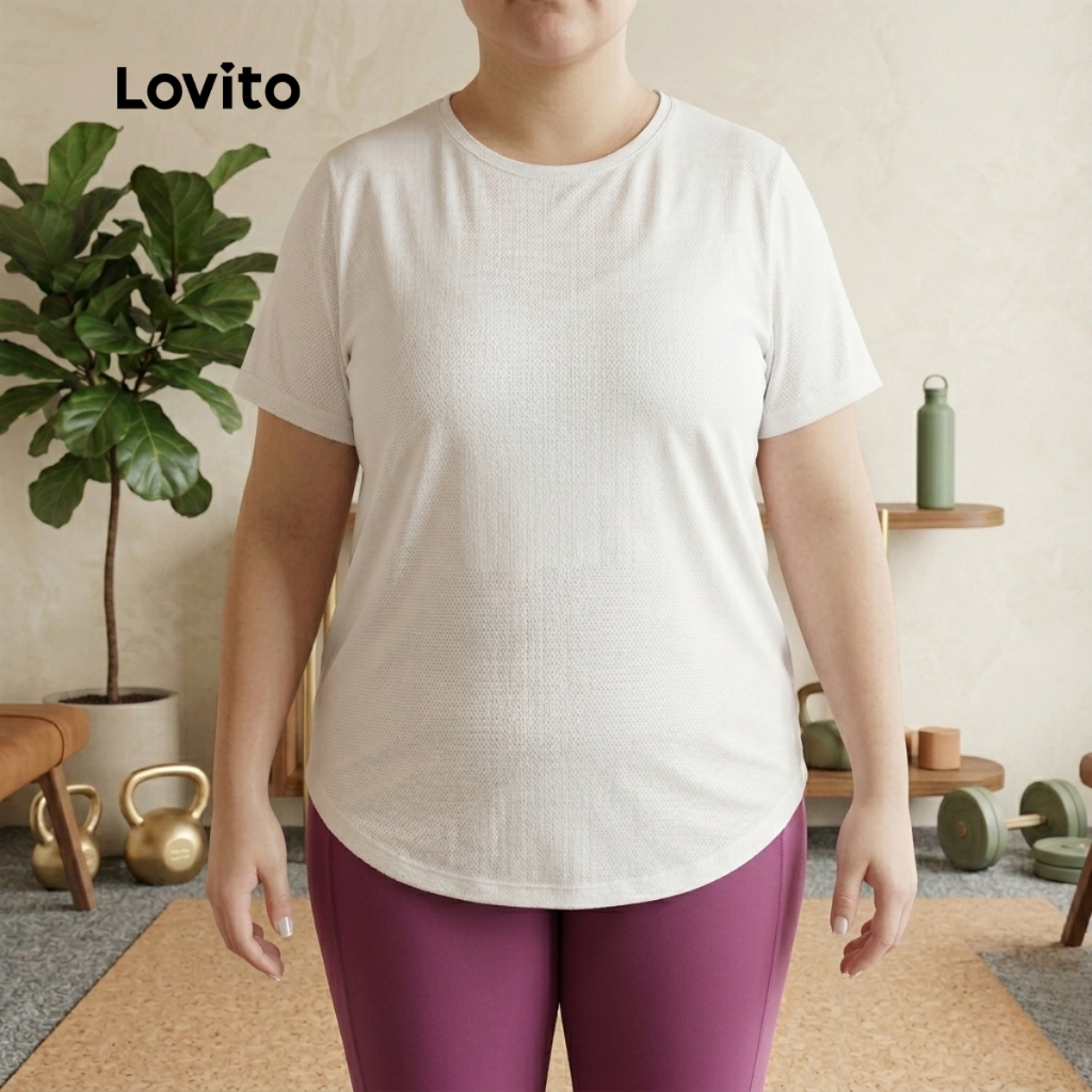 Lovito Camiseta Esportiva Moda Plus Size Com Mangas Feminina BRTSB1451BRL1481 em Oferta na Shopee