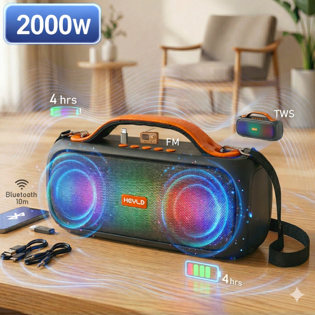 Caixa de Som Bluetooth Portátil Sem Fio Graves Potentes 2000W TWS USB FM Alça Festa Praia Piscina