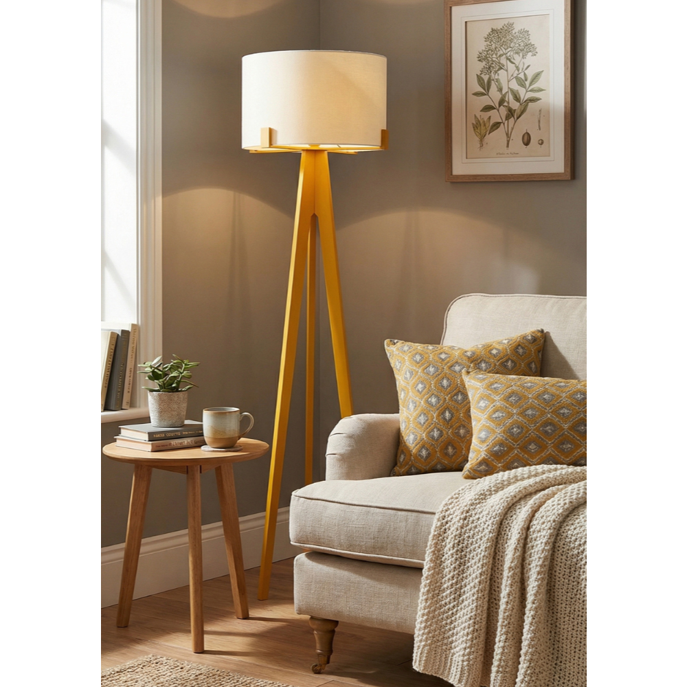 Luminária Abajur Tripé para Sala e Quarto em Madeira com Cupula em Tecido Neutro Áustria Design Minimalista Escandinavo