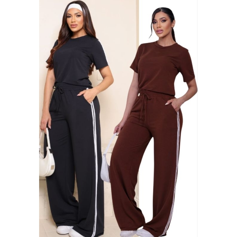 Conjunto Feminino com Listras Laterais Blusa e Calça Casual Confortável Look Versáteis Moletinho em Oferta na Shopee