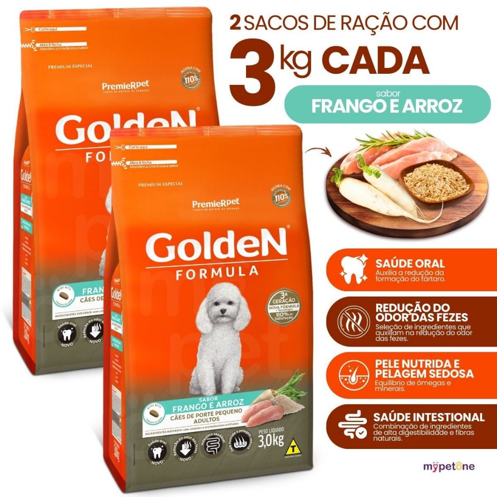 2 Ração Golden Fórmula Mini Bits Frango Arroz Cães Adultos 3kg
