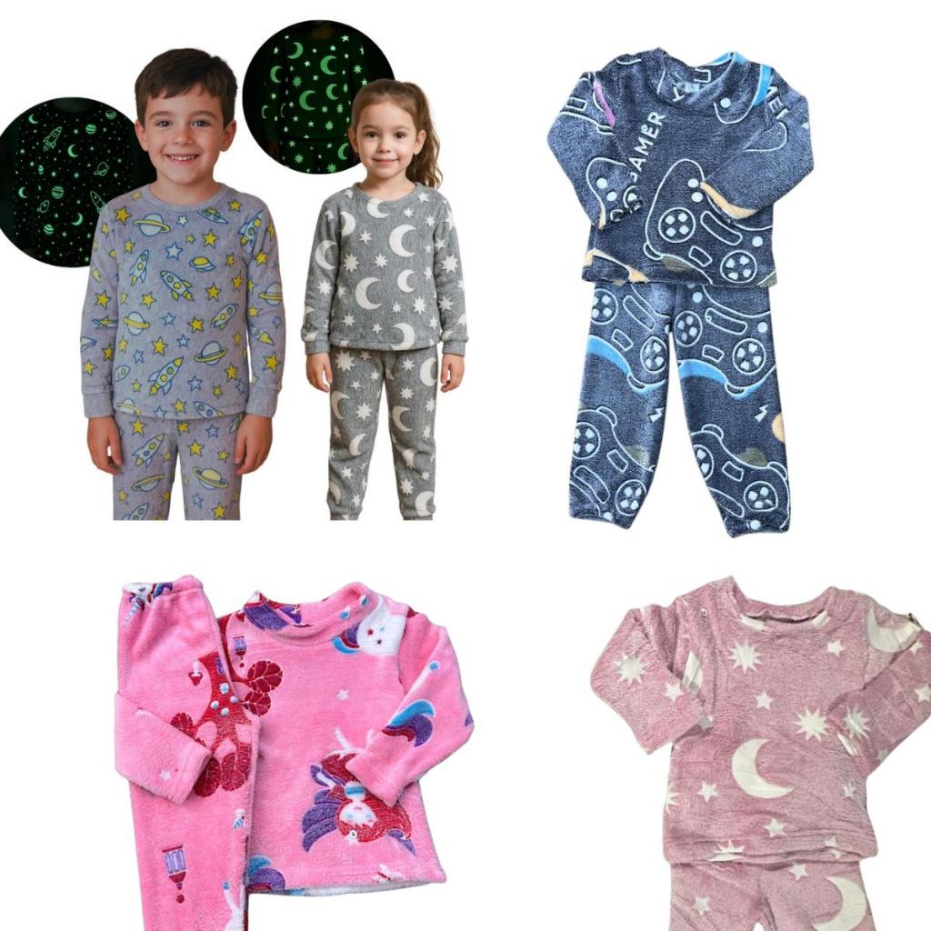 Conjunto Roupa de Inverno/Verão Pijama Pelúcia Quentinho Brilha no Escuro em Oferta na Shopee
