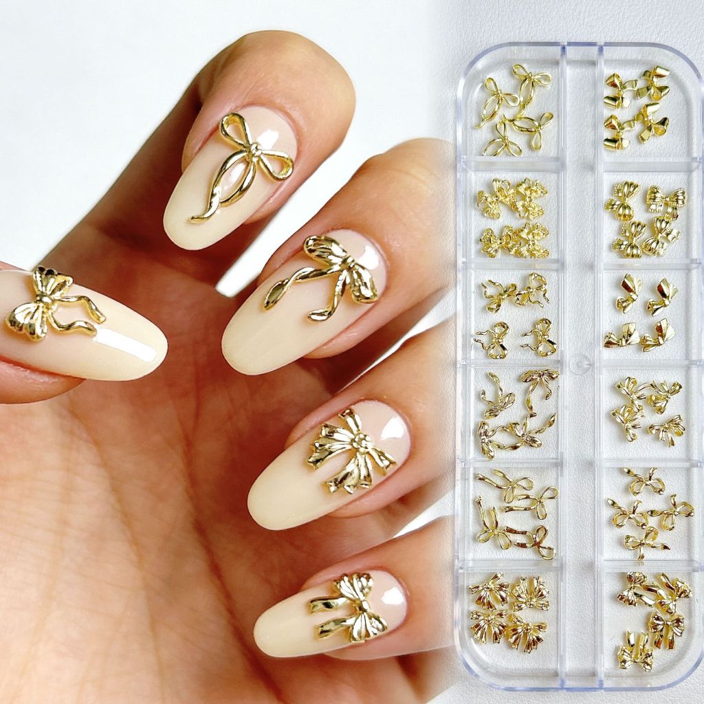 Caixa de 12 Grades Decorações de unhas com laço dourado decorações de unhas com lantejoulas metálicas