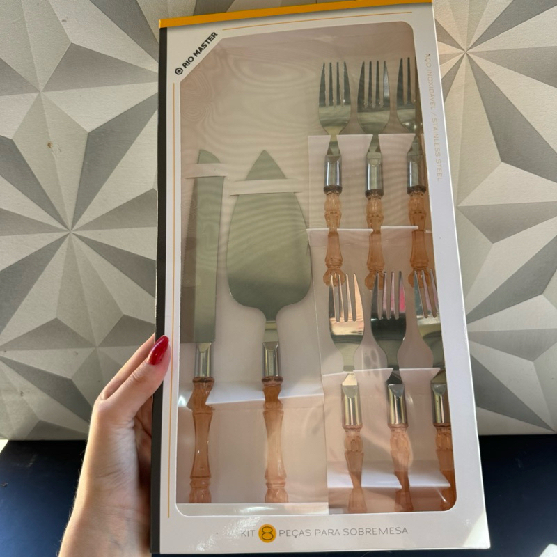 Jogo para sobremesa com 8 peças espátula faca e garfo de sobremesa de inox kit conjunto talheres cristal bolo doce torta