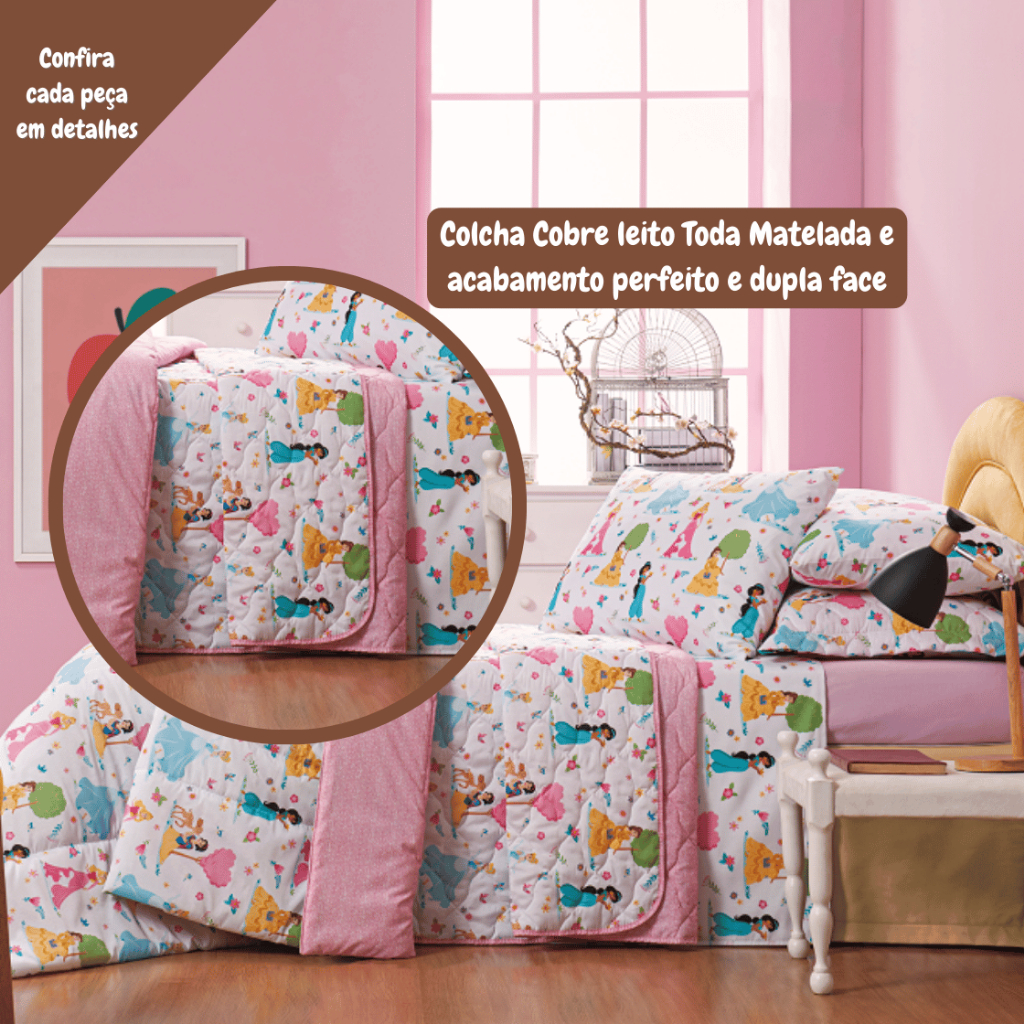 Cobre Leito Colcha Casal Infantil Disney 1 Peça 200 Fios Dupla Face Matelado Estampa digital Personagem - Menina Menino