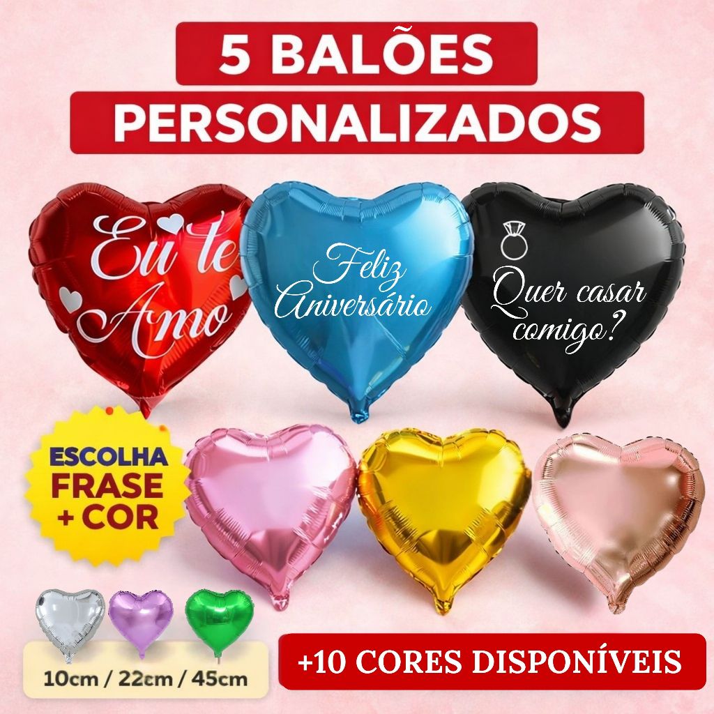 Kit 5 Balões de Coração + VARETAS Balão Metalizado Balão Personalizado | Balão de Aniversário, Presente e Surpresa