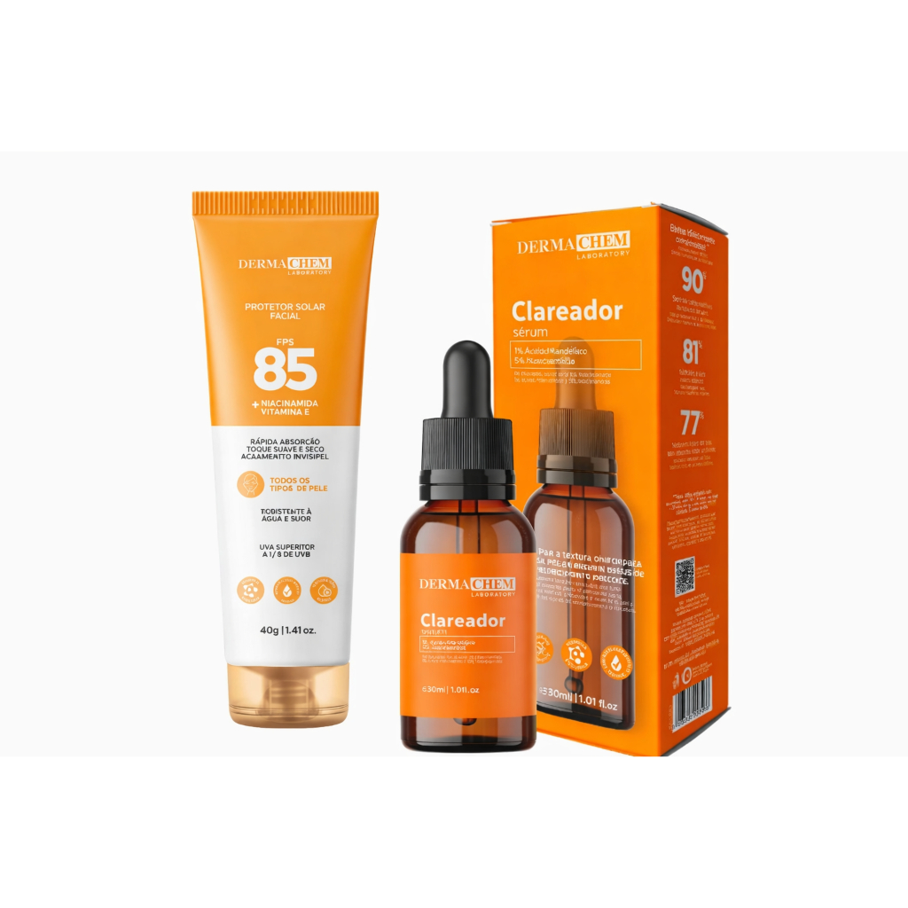 Dermachem Kit Skincare Facial Protetor Solar Rosto FPS85 Toque Seco Sérum Clareador Antissinais