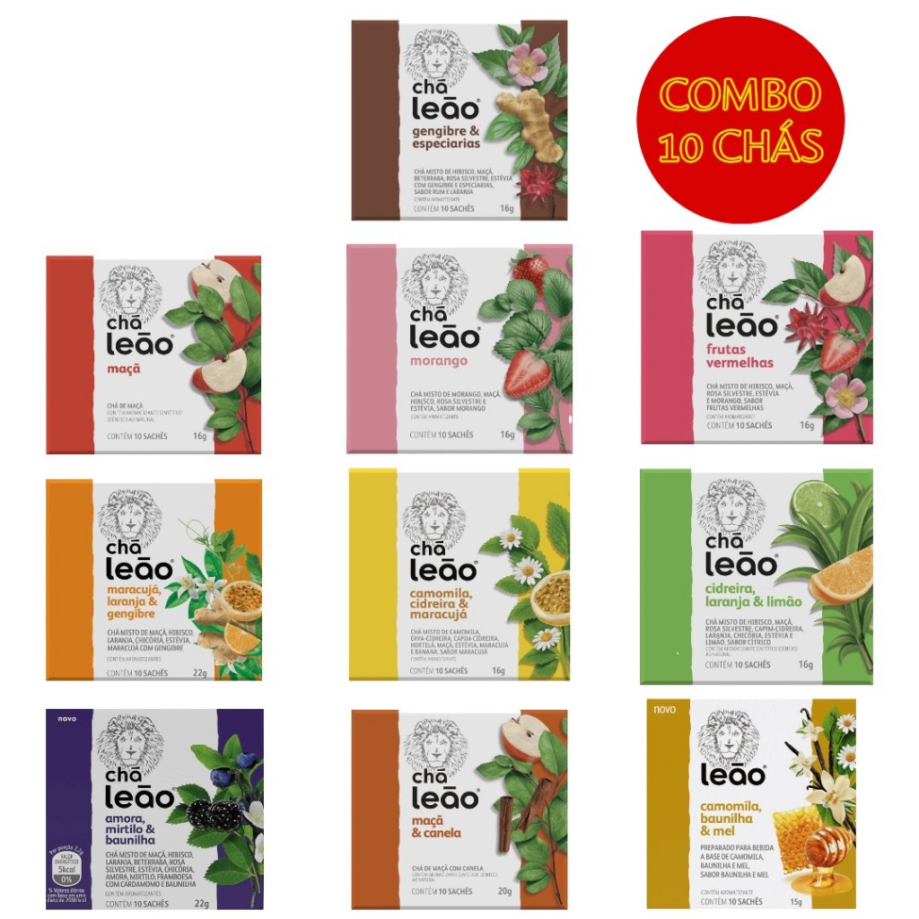 Combo Chá Leão Frutas e Flores 10 Sabores com 100 Sachês – Variedade, Sabor e Bem-Estar