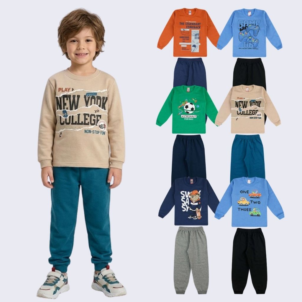 Kit Conjunto Moletom 4 Peças de Roupa Masculino Infantil Inverno 2 blusas 2 calças de 1 ao 8 Menino