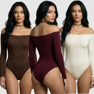Body Ombro a Ombro Manga Longa Ciganinha Feminino Suplex Collant Frio Inverno