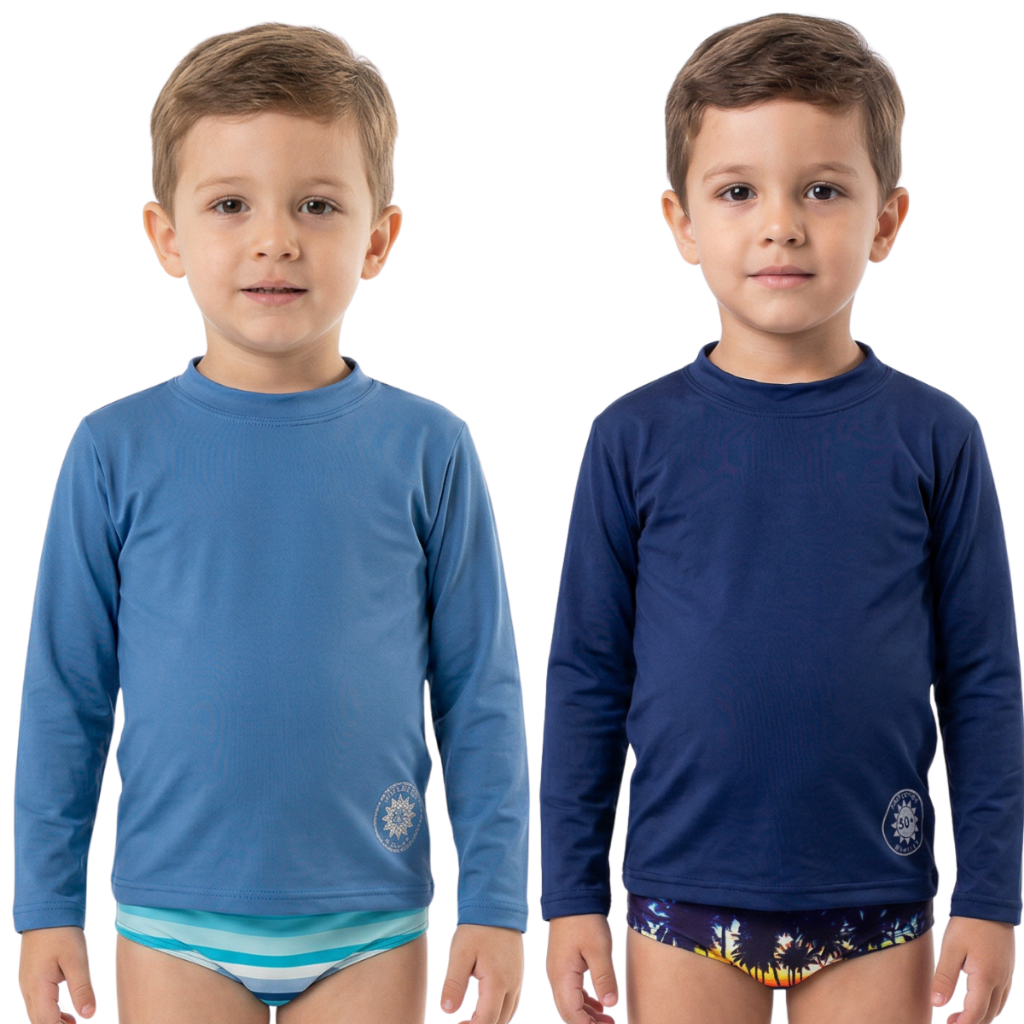 Kit com 2 Conjuntos camisa + sunga UV infantil/juvenil praia/piscina DO 1ANO AO 16 ANOS