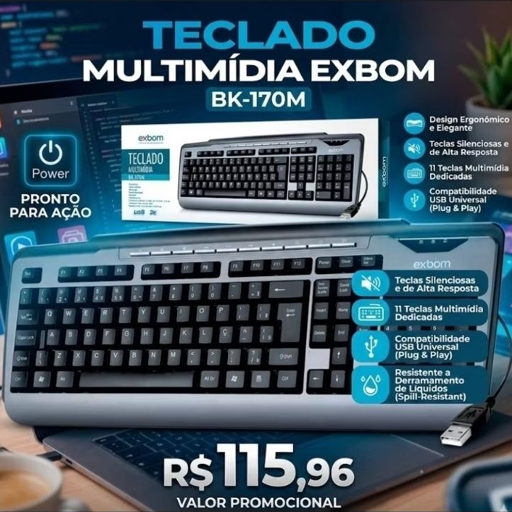 Teclado Multimídia Semi Mecânico Plug & Play Computador Notebook ABNT2 Exbom BK-170M