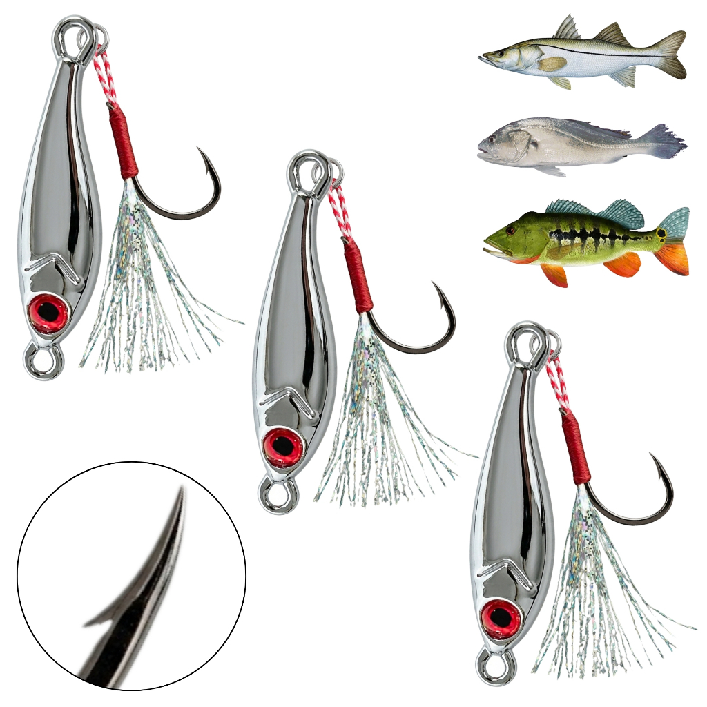Kit 3 Micro Jig Cromado + 3 Suporte Hook Pindoca Alto Brilho Isca Artificial Pesca Robalo Tucunaré