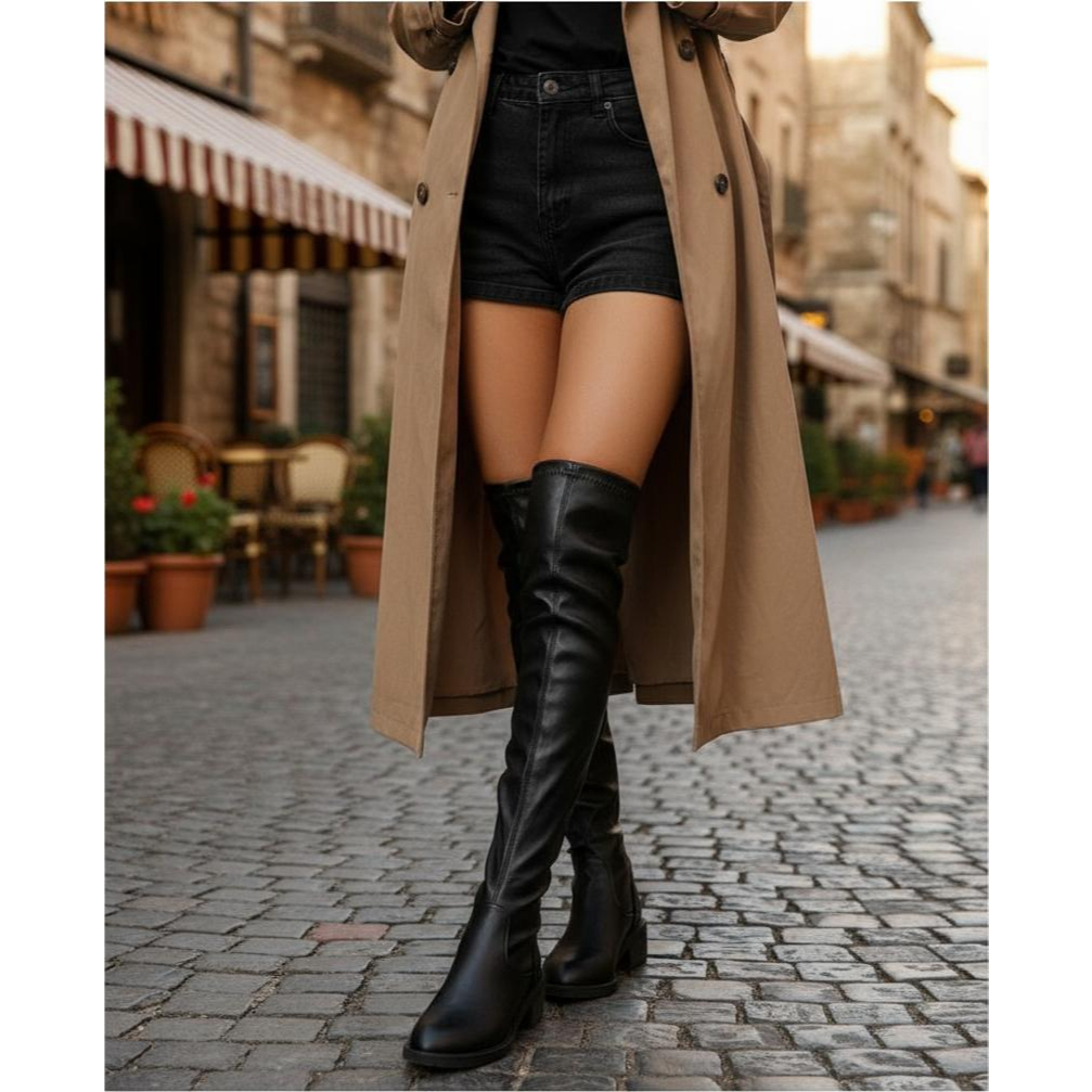 Bota Feminina Over The Knee Preta Cano Longo Bico Fino Estilo Montaria Salto