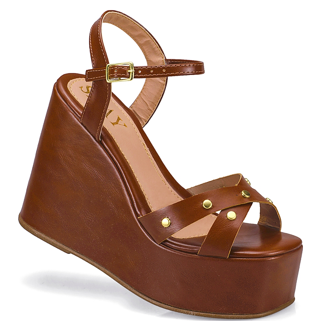 Sandália Anabela Feminina Plataforma 12cm  Alta Tachas Douradas Confortável Elegante Festa Trabalho