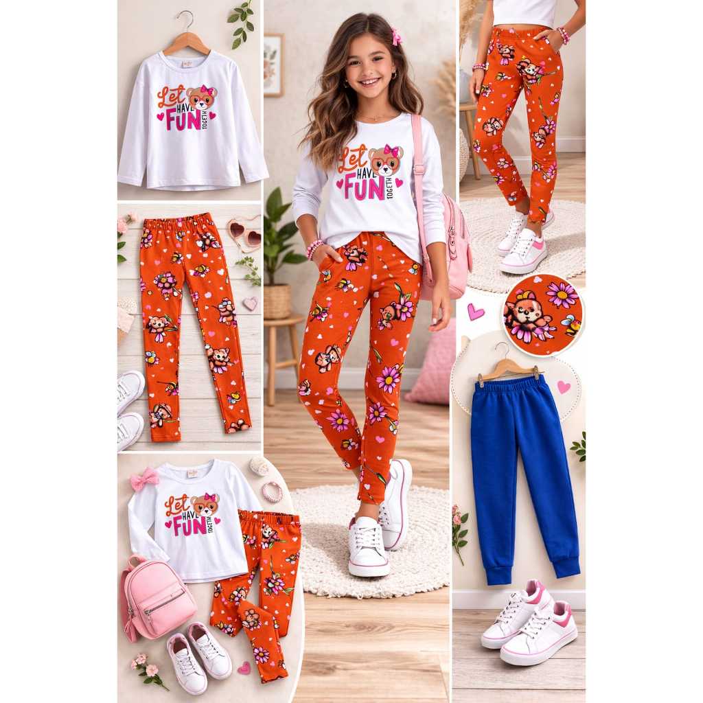 Kit 2 Conjuntos Infantil Feminino Inverno Meia Estação Blusa Manga Longa + Calça 1 ao 14 Anos Sortido