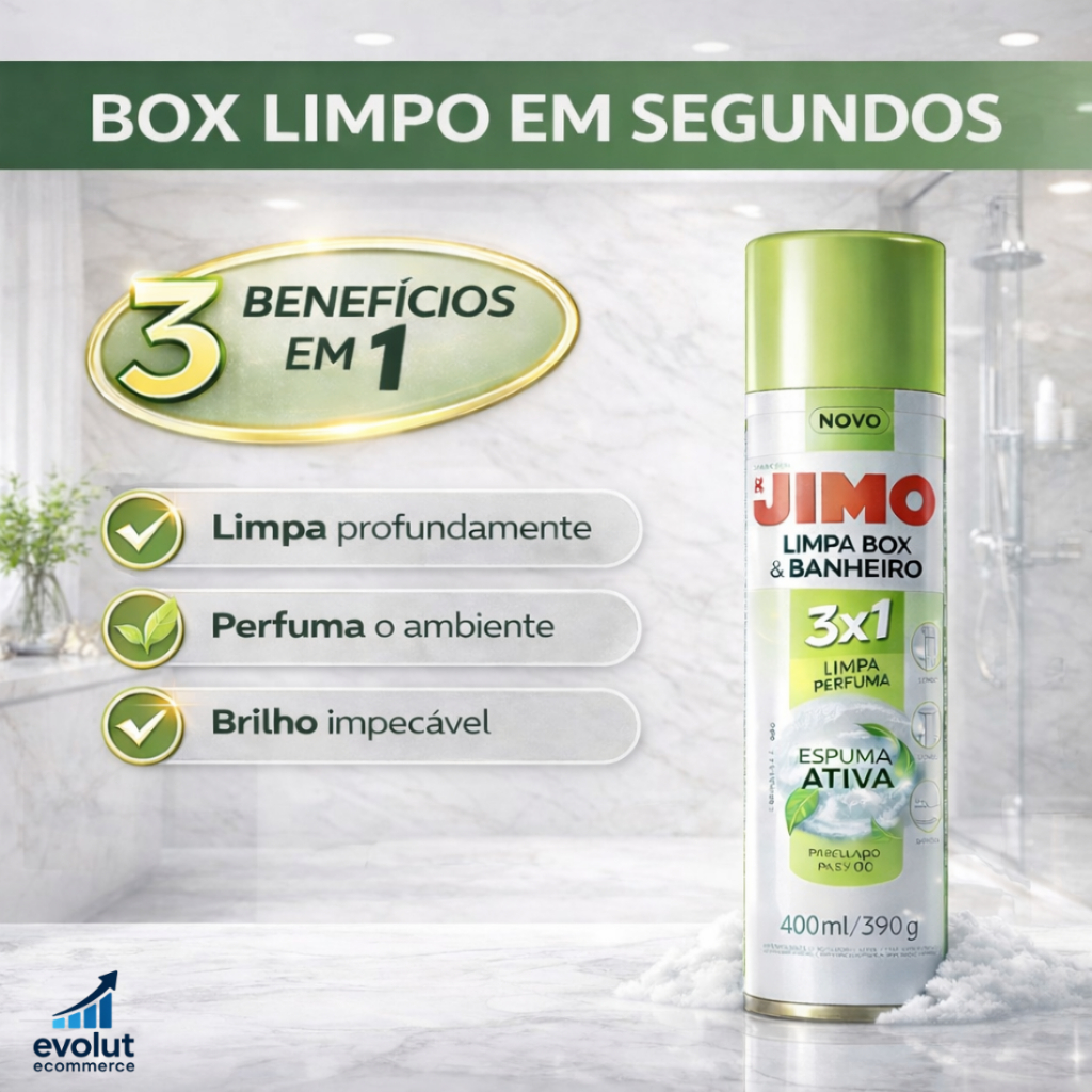 Limpa Box e Banheiro Jimo Spray 400ml Limpeza Profunda Antimofo Desengordurante Multiuso Vidros