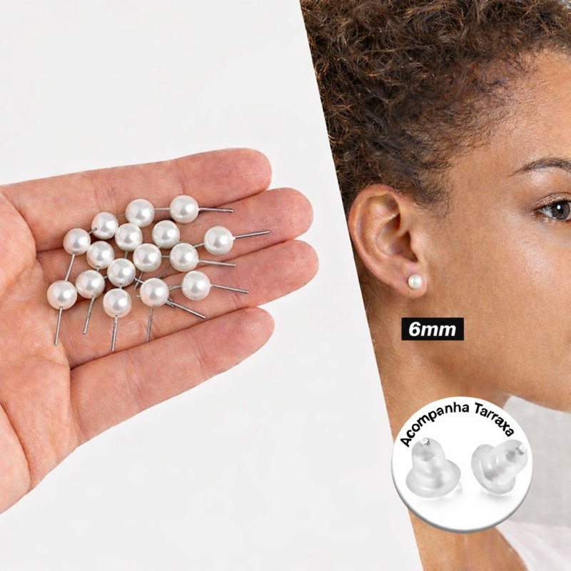 100 Pares de Brincos de Pérola 6mm com tarracha de silicone em Oferta na Shopee