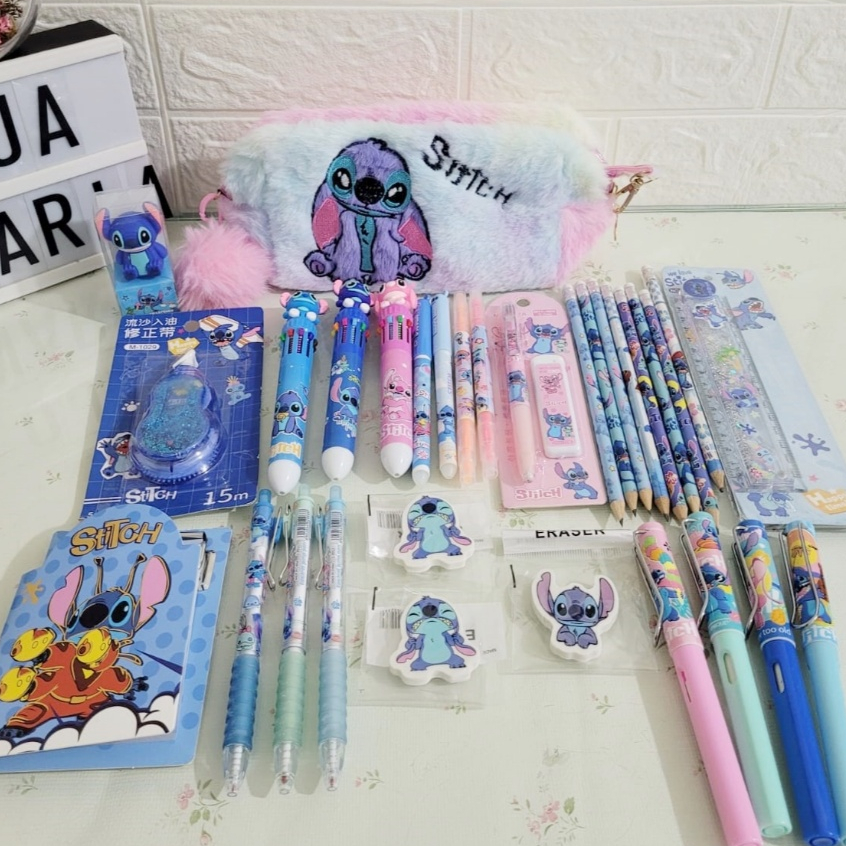 Kit Papelaria Stitch Bolsinha Material Escolar Canetas Lápis Régua Corretivo Apontador Fofo