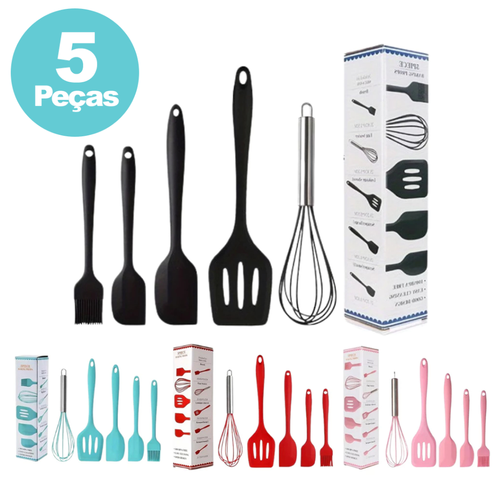 Jogo de Utensílios de Cozinha Silicone Kit 5 Peças Colher Espátula Fue Pincel Antiaderente