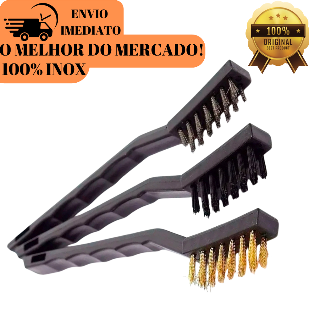 Escovas de Aço Multiuso Kit 3 Pcs Aço Latão Nylon Cabo Plástico