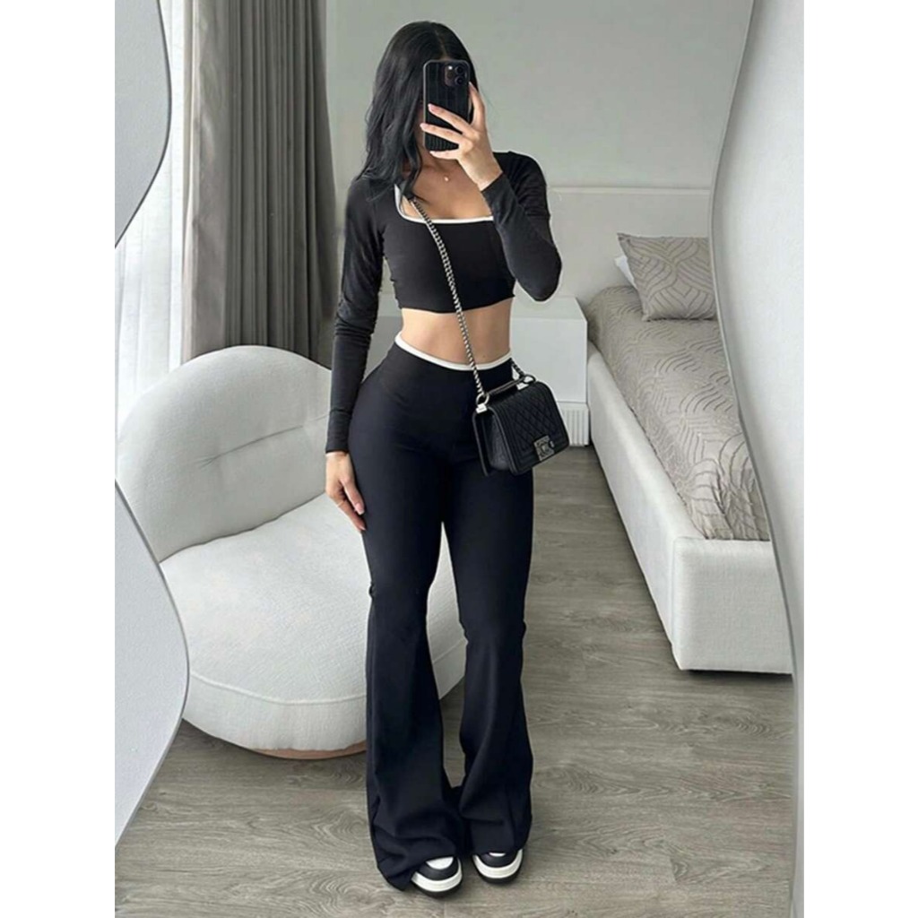 Conjunto Slim | Calça Flare Bailarina Canelada Cintura Alta | Cropped Manga Longa | Gringa - Casual.