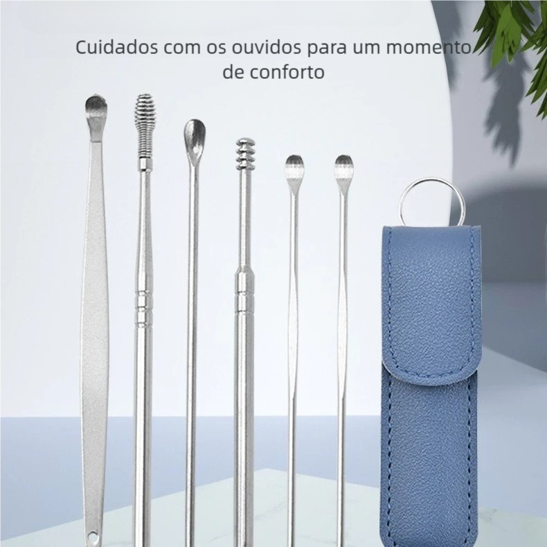 Colher de Remoção de Cera de Ouvido (6 Peças) - Aço Inoxidável, Portátil e Prático para Viagem