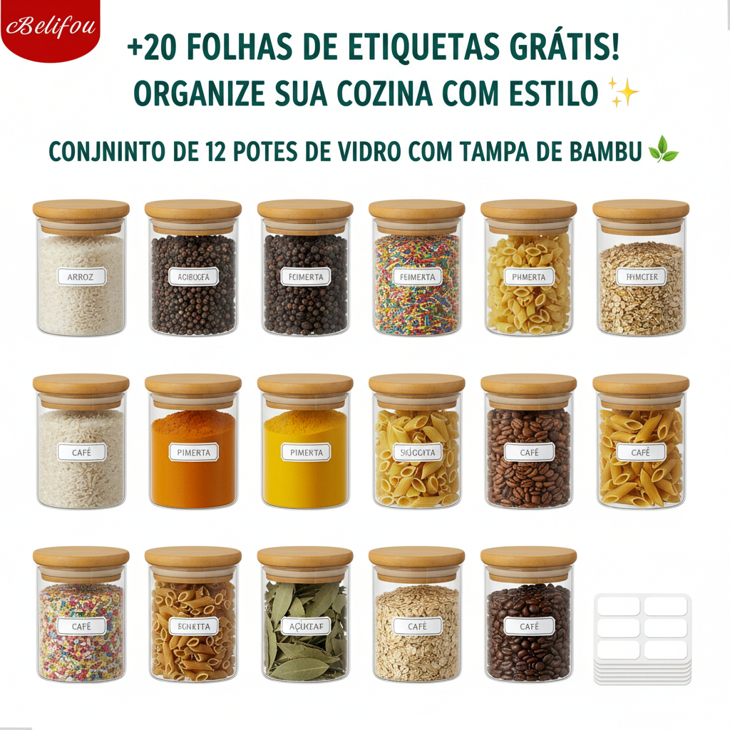 Belifou Kit 6 Pote hermético  200ML Pote De Vidro com Tampa bambu pote de mantimentos para cozinha