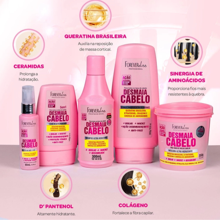Kit Desmaia Cabelo Completo 5 Produtos Forever Liss - Anti-Frizz/Maciez/Brilho/Protetor Térmico