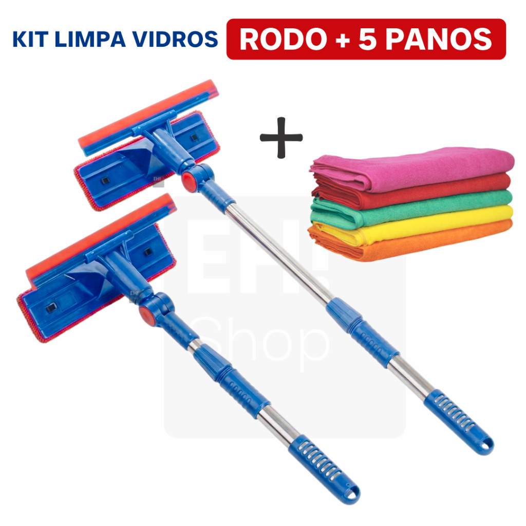 KIT Rodo Limpa Vidro e Janela Extensível 2 em 1 + Pano De Limpeza Microfibra alta Absorção
