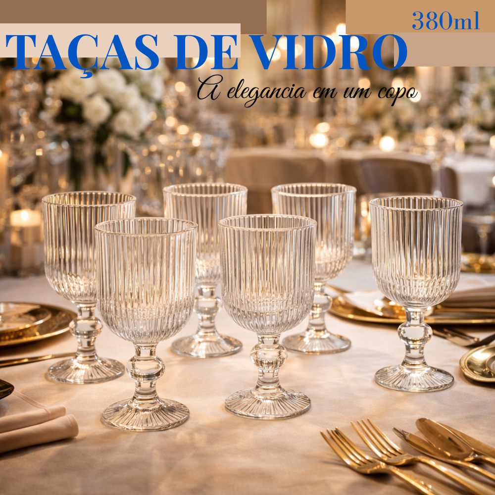 Jogo 6 Taças de Vidro 380ml Canelado Elegante Taça para Água Suco Vinho Copo Luxo