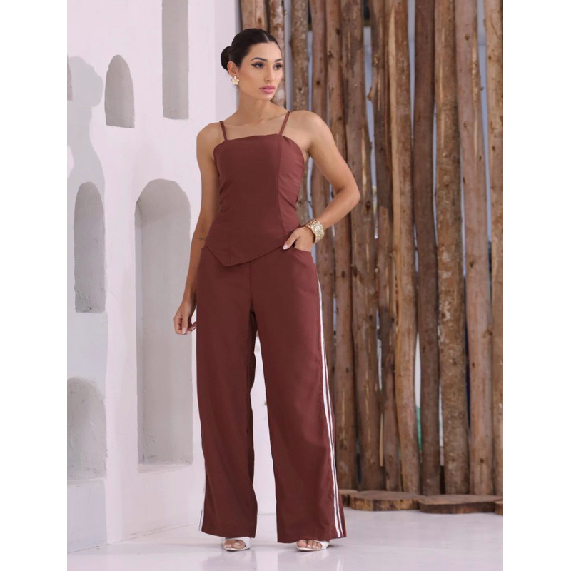 Conjunto Pantalona com Blusa Assimétrica Feminino Elegante Luxo Alcinha