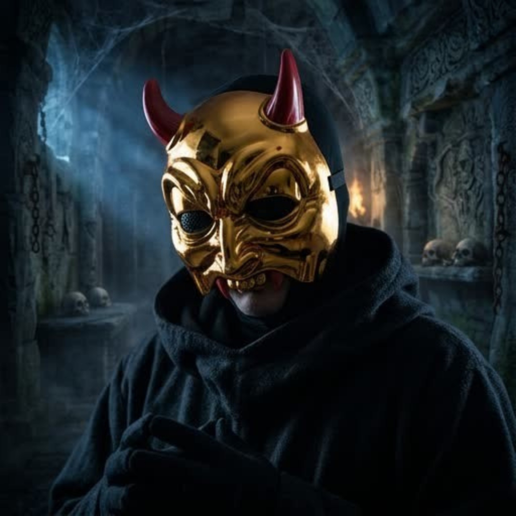 Máscara Diabo Dourado Chifre Vermelho Luxo Halloween