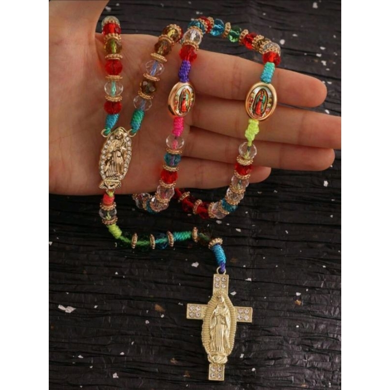 Colar Terço Nossa Senhora de Guadalupe Noiva Vintage Retrô Maximalista Boho Colorido Branco Vermelho Preto Verde