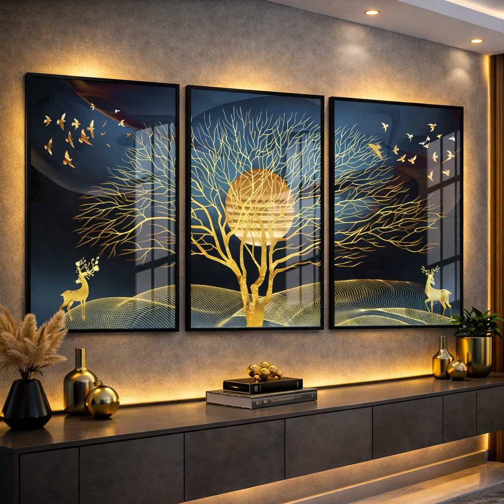 Quadros Decorativos De Parede Mdf Cervo Pintura Gold Árvores Natureza Abstrato Moldura Quarto Sala em Oferta na Shopee