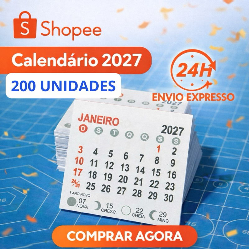 Mini Calendário 2027 | 200 Unidades | 5x5 | Bloco Mini Calendário