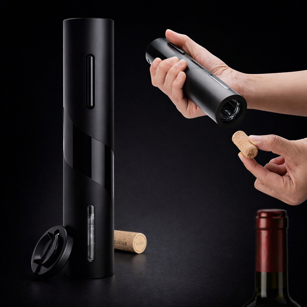 Abridor de Vinho Elétrico Premium - Preto - Portátil, Inox – Elegância e Praticidade - Automático