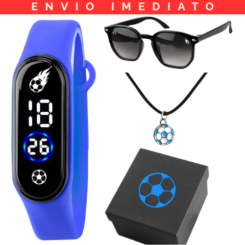 Presente de Menino Jogador: Relogio Digital Infantil Prova Dagua Futebol + Colar + Oculos - Gremio Cruzeiro Time Azul