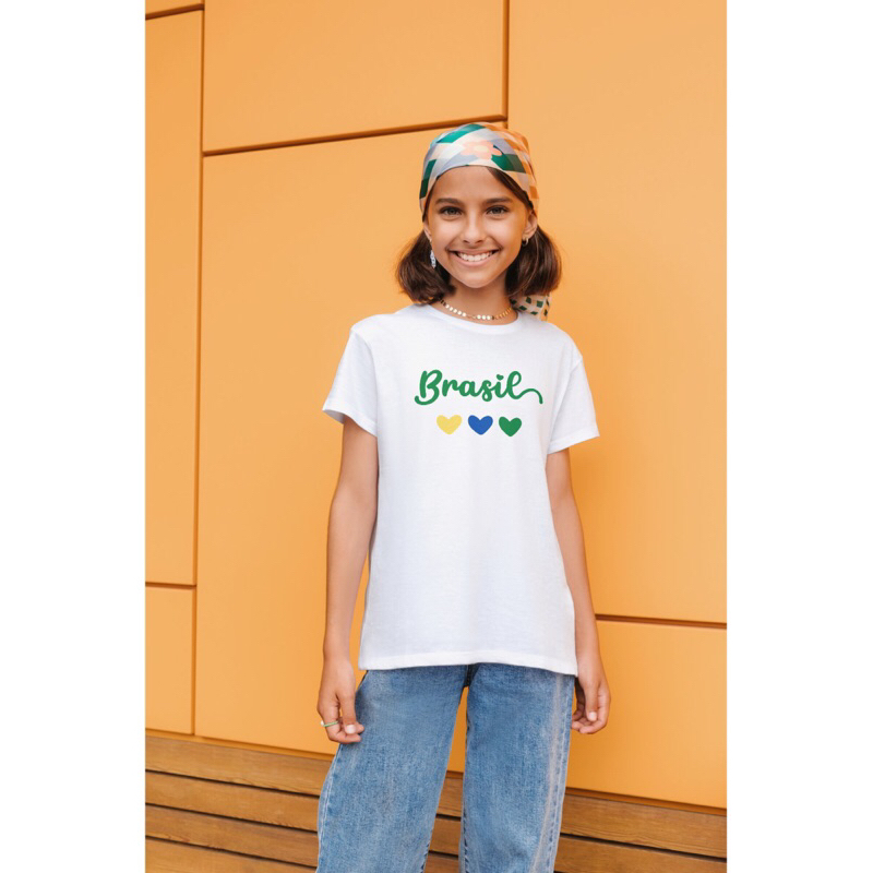 Camiseta do Brasil copa personalizada Brasil coração colorido feminkna 100% algodão