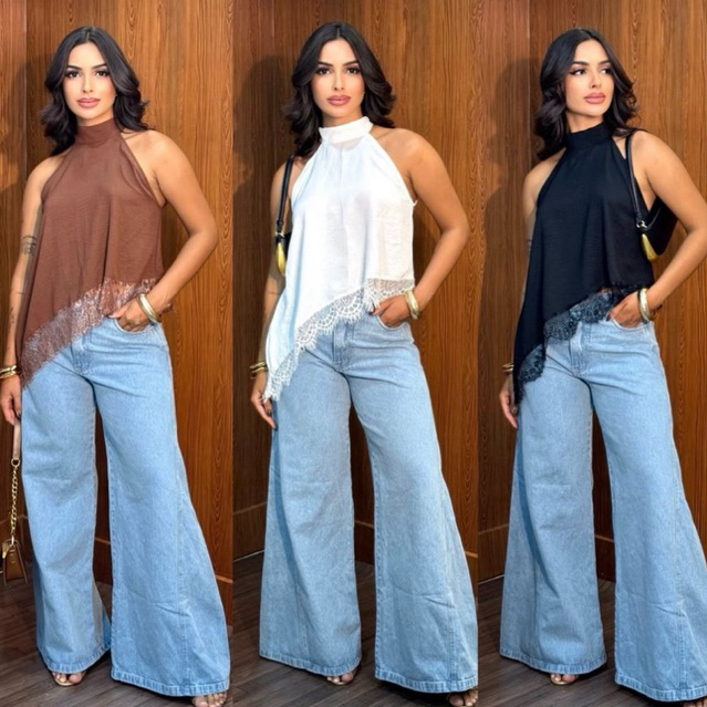 Blusa Feminina Gola Alta Assimétrica  Frente Única Com Renda Bata Elegante Tendência Inver...